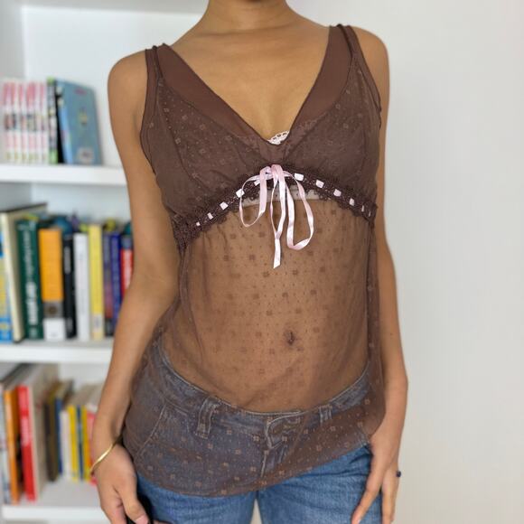 Vintage Sheer Brown Mesh Camisole with Pink Ribbon Detail (S/M) - Picture 1 of 9